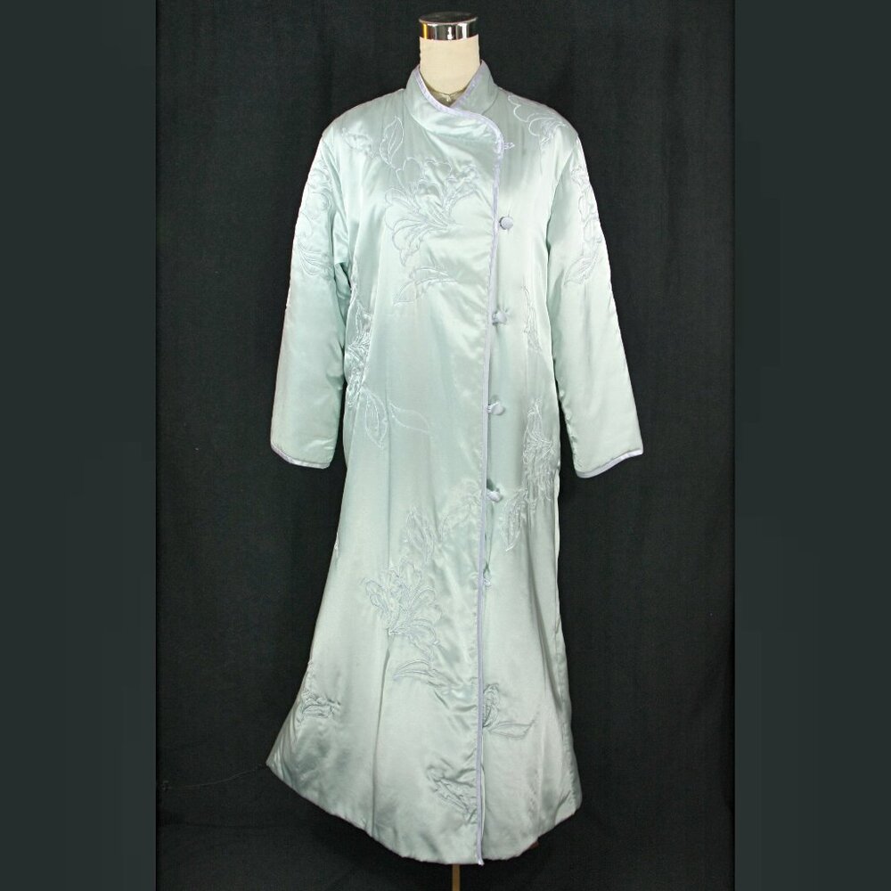 Vintage Natori Satin Floral Embroidered Full Length Winter Robe Lounge Blue M - Picture 2 of 14